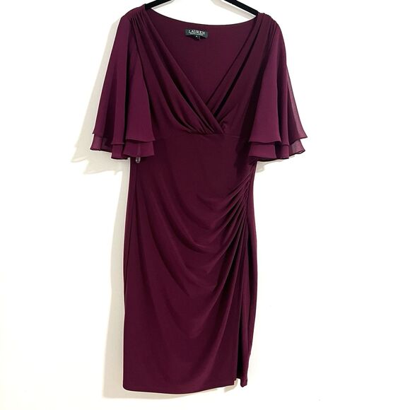 Lauren Ralph Lauren Midi Dress Size 8 Red Burgundy Flutter Sleeve Ruched Waist - Picture 1 of 9